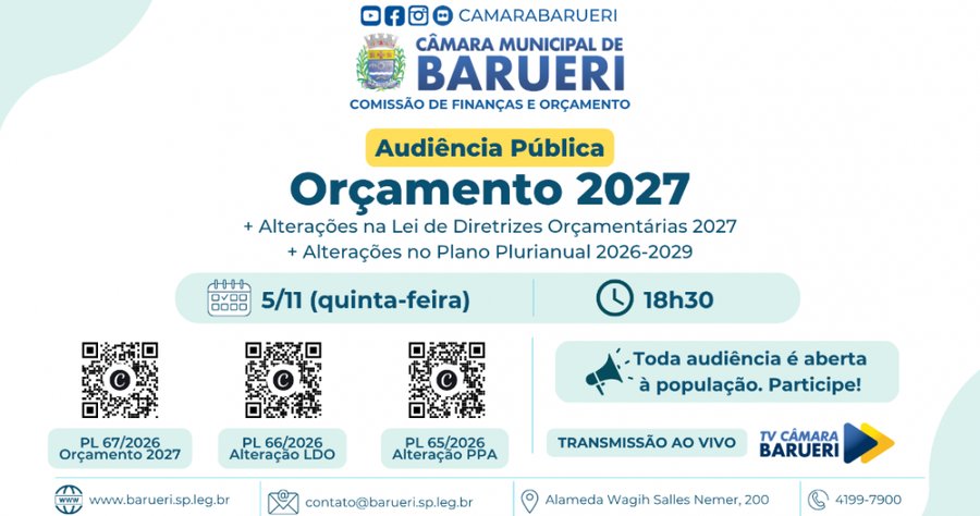 Comissão de Finanças convoca audiência pública para discutir orçamento de Barueri para 2027