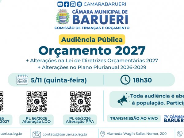 Comissão de Finanças convoca audiência pública para discutir orçamento de Barueri para 2027